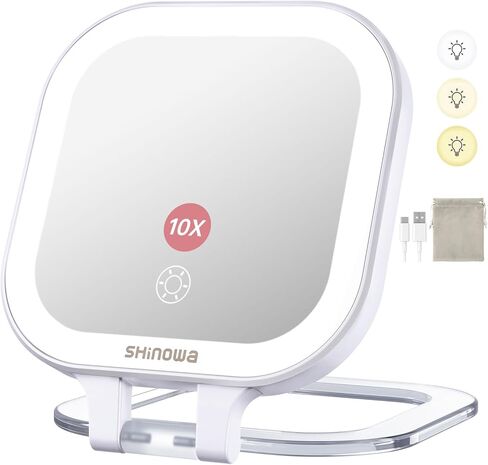 Shinowa Rechargeable Travel Makeup Mirror with 44 LED Lights, 1X/10X Magnifying Vanity Mirror with 3 Color Light, Folding Stand, 4 Inch Portable Dimmable Double Sided Compact Lighted Mirror, White in Saudi Arabia