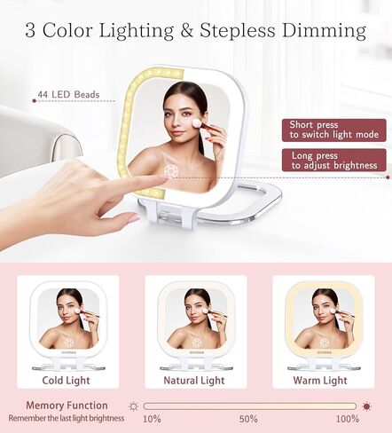 Shinowa Rechargeable Travel Makeup Mirror with 44 LED Lights, 1X/10X Magnifying Vanity Mirror with 3 Color Light, Folding Stand, 4 Inch Portable Dimmable Double Sided Compact Lighted Mirror, White in Saudi Arabia