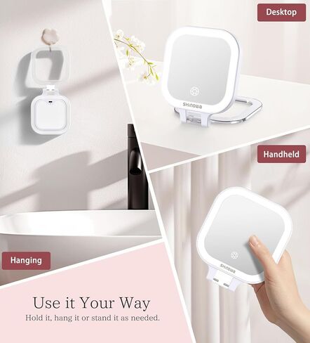 Shinowa Rechargeable Travel Makeup Mirror with 44 LED Lights, 1X/10X Magnifying Vanity Mirror with 3 Color Light, Folding Stand, 4 Inch Portable Dimmable Double Sided Compact Lighted Mirror, White in Saudi Arabia