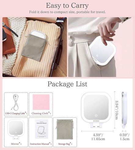 Shinowa Rechargeable Travel Makeup Mirror with 44 LED Lights, 1X/10X Magnifying Vanity Mirror with 3 Color Light, Folding Stand, 4 Inch Portable Dimmable Double Sided Compact Lighted Mirror, White in Saudi Arabia