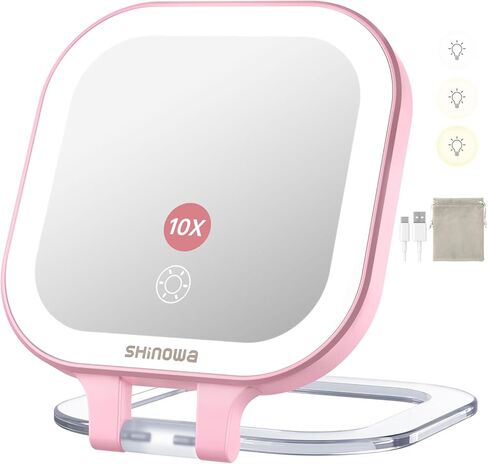 Shinowa Rechargeable Travel Makeup Mirror with 44 LED Lights, 1X/10X Magnifying Vanity Mirror with 3 Color Light, Folding Stand, 4 Inch Portable Dimmable Double Sided Compact Lighted Mirror, White in Saudi Arabia