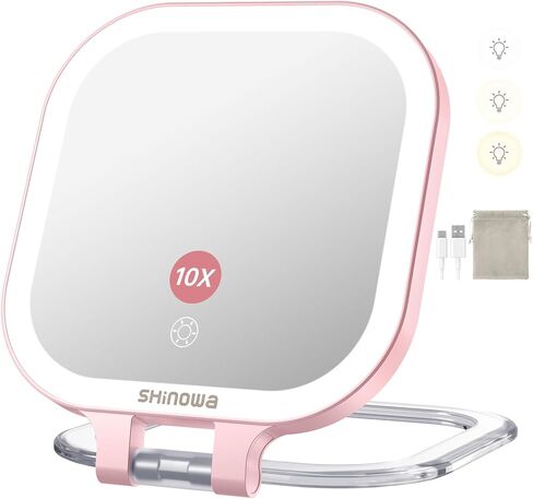 Shinowa Rechargeable Travel Makeup Mirror with 44 LED Lights, 1X/10X Magnifying Vanity Mirror with 3 Color Light, Folding Stand, 4 Inch Portable Dimmable Double Sided Compact Lighted Mirror, White in Saudi Arabia
