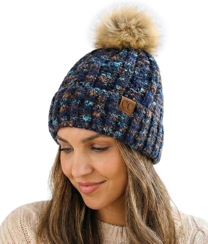 C.C Women’s Popcorn Confetti Knit Beanie Fuzzy Insulated Lined with Faux Fur Pom – Warm Winter Hat & Cozy Skull Cap in Saudi Arabia