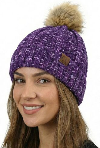 C.C Women’s Popcorn Confetti Knit Beanie Fuzzy Insulated Lined with Faux Fur Pom – Warm Winter Hat & Cozy Skull Cap in Saudi Arabia