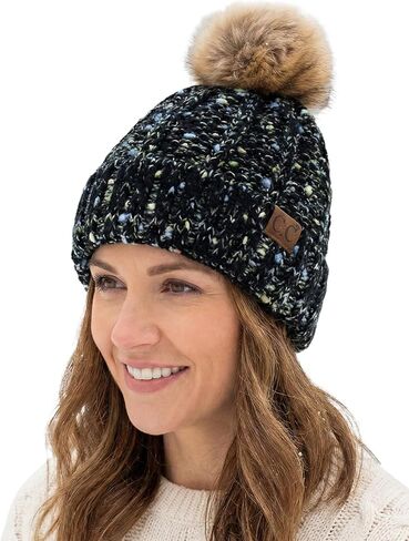 C.C Women’s Popcorn Confetti Knit Beanie Fuzzy Insulated Lined with Faux Fur Pom – Warm Winter Hat & Cozy Skull Cap in Saudi Arabia