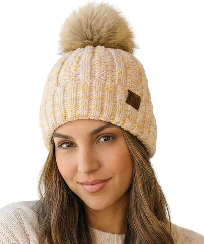 C.C Women’s Popcorn Confetti Knit Beanie Fuzzy Insulated Lined with Faux Fur Pom – Warm Winter Hat & Cozy Skull Cap in Saudi Arabia