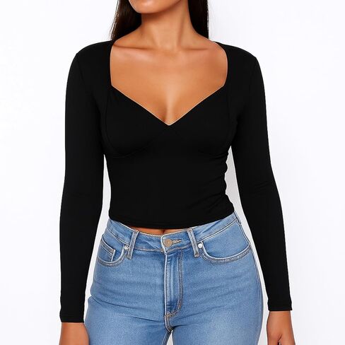 Women's Long Sleeve V-Neck Crop Tops Fashion Fit Shirts in Saudi Arabia