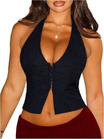 Milumia Women's Sexy Deep V Neck Halter Corset Top Hook Eye Backless Split Hem Party Club Crop Tank Tops in Saudi Arabia