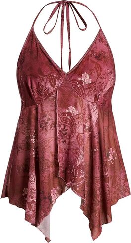 Verdusa Women's Plus Size Boho Vintage Paisley Halter Top Summer Backless Slit Flowy Peplum Tops in Saudi Arabia