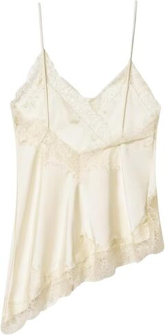 Fuimsul Women Sexy Spaghetti Strap Lace Trim Satin Tank Top Y2k Solid V Neck Backless Asymmetrical Hem Silk Cami Shirt in Saudi Arabia