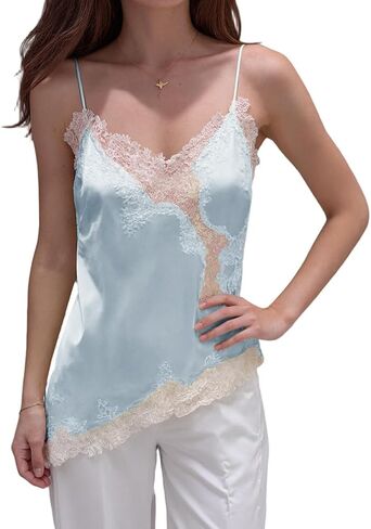 Fuimsul Women Sexy Spaghetti Strap Lace Trim Satin Tank Top Y2k Solid V Neck Backless Asymmetrical Hem Silk Cami Shirt in Saudi Arabia