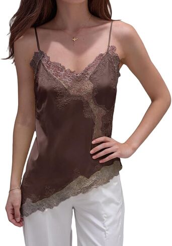 Fuimsul Women Sexy Spaghetti Strap Lace Trim Satin Tank Top Y2k Solid V Neck Backless Asymmetrical Hem Silk Cami Shirt in Saudi Arabia