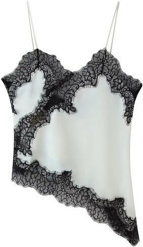 Fuimsul Women Sexy Spaghetti Strap Lace Trim Satin Tank Top Y2k Solid V Neck Backless Asymmetrical Hem Silk Cami Shirt in Saudi Arabia