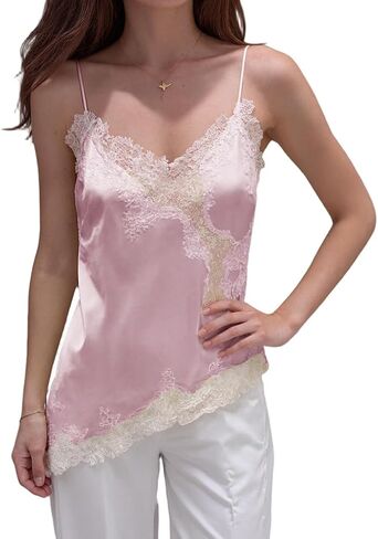 Fuimsul Women Sexy Spaghetti Strap Lace Trim Satin Tank Top Y2k Solid V Neck Backless Asymmetrical Hem Silk Cami Shirt in Saudi Arabia