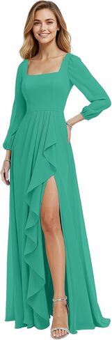 Blawhee Women's Long Sleeves Bridesmaid Dresses with Slit Chiffon Formal Wedding Guest Dresses Evening Gowns in Saudi Arabia