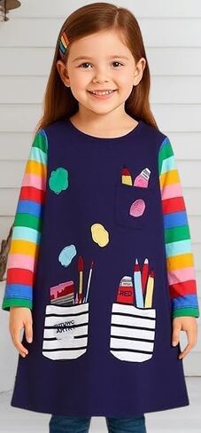Girls Striped Long Sleeve Dress Cartoon Appliques Dresses Girls Cotton Casual Clothing 2-7Y in Saudi Arabia