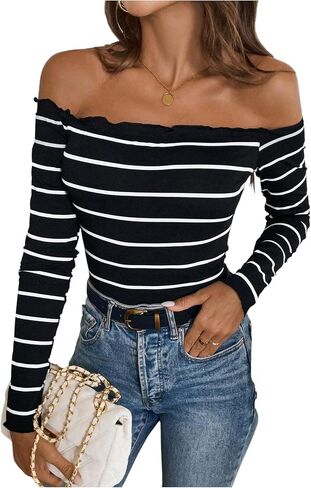 WDIRARA Women's Striped Off The Shoulder T Shirts Lettuce Trim Long Sleeve Fitted Tops in Saudi Arabia