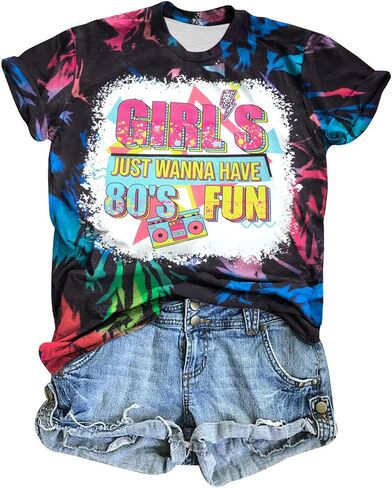 80s قمصان للنساء 80's موضوع حفلة الزي 1980s ديسكو تي شيرتات قصيرة الاكمام خمر 80's فتاة النيون وتتسابق in Kuwait