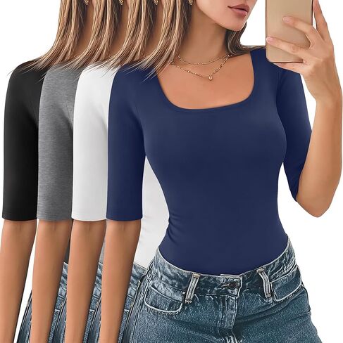 Neer 4 Pack قمصان نسائية نصف كم مزيج من القطن طول الكوع تي شيرت قابل للتمدد رقبة مربعة نحيفة ملائمة ملابس علوية أساسية غير رسمية in Saudi Arabia