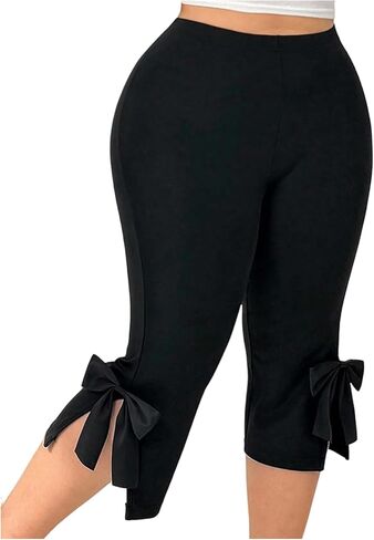 Floerns Women's Plus Size Capri Leggings High Waisted Bowknot Side Slit Yoga Pants in Saudi Arabia