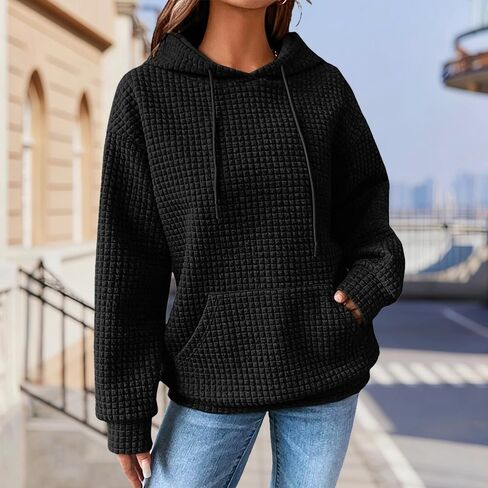 Women's Long Sleeve Hoodie - Waffle Texture Pullover with Drawstring and Pocket in Saudi Arabia