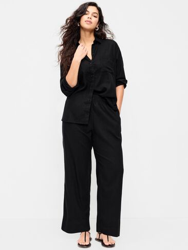 بنطلون مستقيم من مزيج الكتان عالي الخصر من Old Navy - بلاك جاك in Saudi Arabia