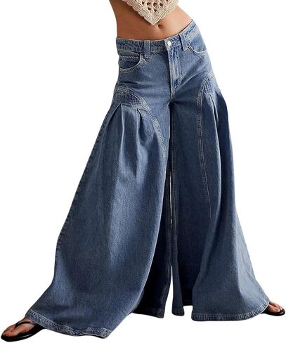 بنطلون جينز Y2k فضفاض للنساء من chouyatou بنطال جينز Boyfriend Culotte واسع الساق واسع من قماش الدنيم مع جيوب in Saudi Arabia