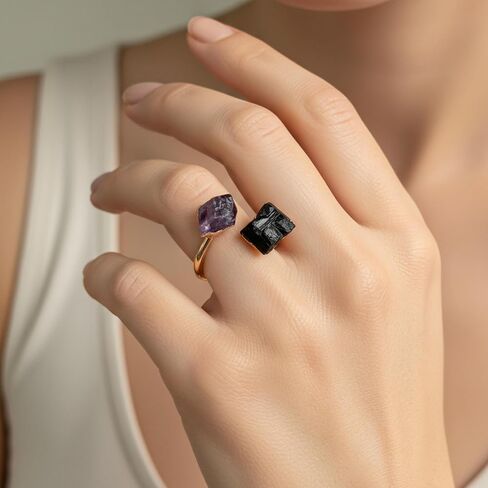 Black Tourmaline Ring for Women, Vintage Gold Tone Black Rings for Men, Adjustable Natural Stone Ring for Chunky Jewelry in Saudi Arabia