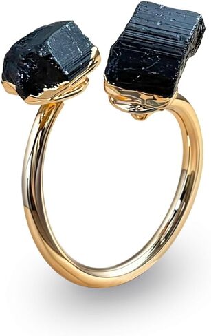 Black Tourmaline Ring for Women, Vintage Gold Tone Black Rings for Men, Adjustable Natural Stone Ring for Chunky Jewelry in Saudi Arabia