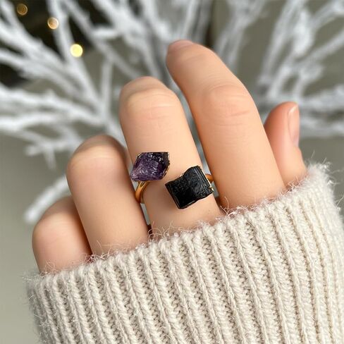 Black Tourmaline Ring for Women, Vintage Gold Tone Black Rings for Men, Adjustable Natural Stone Ring for Chunky Jewelry in Saudi Arabia