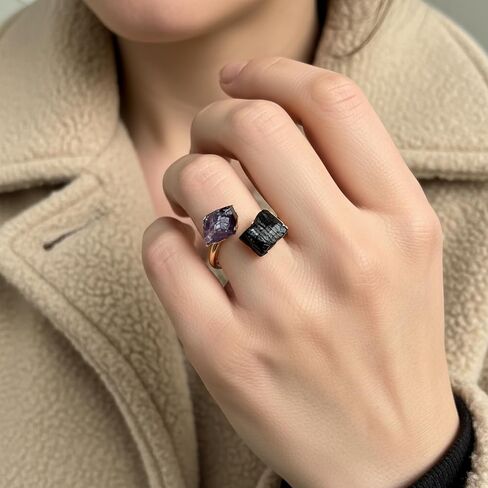 Black Tourmaline Ring for Women, Vintage Gold Tone Black Rings for Men, Adjustable Natural Stone Ring for Chunky Jewelry in Saudi Arabia