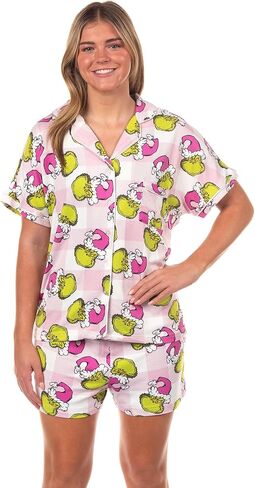 Dr. Seuss The Grinch Santa Pink Plaid Notch Collar Short 2-Piece Sleep Set in Saudi Arabia