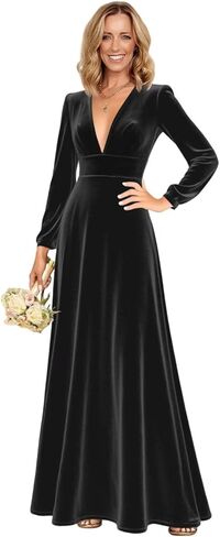 Tukatoo Long Sleeve Velvet Bridesmaid Dress Elegant for Women V Neck A Line Formal Long Evening Dresses in Saudi Arabia