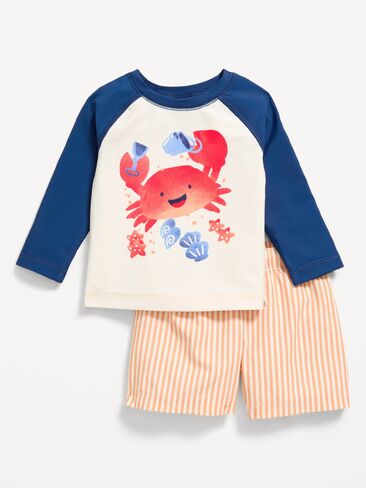 Old Navy Long-Sleeve Rashguard Swim Top and Trunks Set for Baby - Orange Stripe Bottom in Kuwait