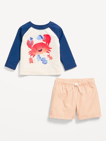 Old Navy Long-Sleeve Rashguard Swim Top and Trunks Set for Baby - Orange Stripe Bottom in Kuwait
