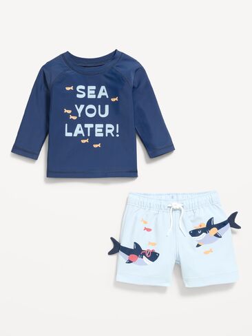 Old Navy Long-Sleeve Rashguard Swim Top and Trunks Set for Baby - Blue Sharks in Kuwait