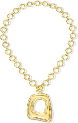 17 MILE Chunky Gold Necklace for Women, 14K Gold Plated Vintage Boho Big Matte Asymmetrical Hollow Square Pendant Necklace, Lightweight Toggle Clasp Statement Necklace in Saudi Arabia