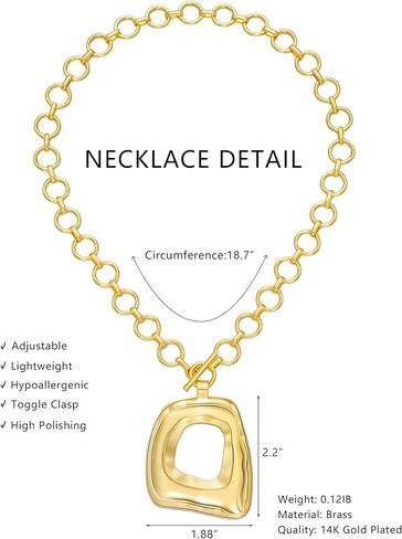 17 MILE Chunky Gold Necklace for Women, 14K Gold Plated Vintage Boho Big Matte Asymmetrical Hollow Square Pendant Necklace, Lightweight Toggle Clasp Statement Necklace in Saudi Arabia