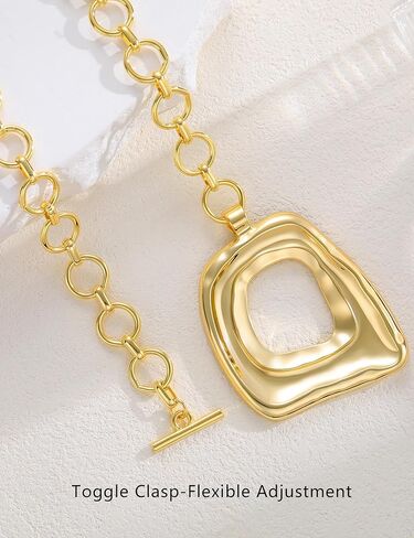 17 MILE Chunky Gold Necklace for Women, 14K Gold Plated Vintage Boho Big Matte Asymmetrical Hollow Square Pendant Necklace, Lightweight Toggle Clasp Statement Necklace in Saudi Arabia