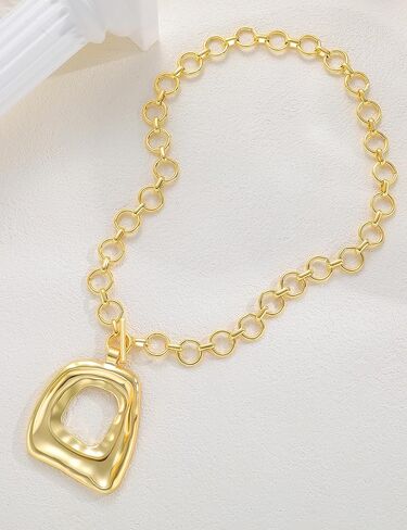 17 MILE Chunky Gold Necklace for Women, 14K Gold Plated Vintage Boho Big Matte Asymmetrical Hollow Square Pendant Necklace, Lightweight Toggle Clasp Statement Necklace in Saudi Arabia