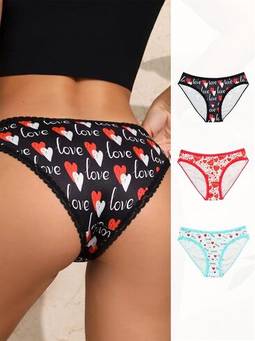 Women's Love Heart Print Bikini Panties, Lace Trim, 3 Pack, Black Red Blue in Saudi Arabia