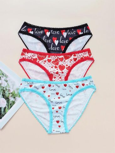 Women's Love Heart Print Bikini Panties, Lace Trim, 3 Pack, Black Red Blue in Saudi Arabia