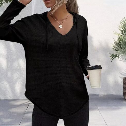 V-Neck Hooded Sweatshirt for Women, Long Sleeve Pullover with Pocket and Drawstring in Saudi Arabia