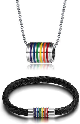 جاكوب ميلر الفولاذ المقاوم للصدأ LGBT مثلي الجنس فخر قوس قزح أنبوب اسطوانة قلادة وسوار جلد مضفر للرجال النساء للجنسين مثلي الجنس مثليه هدايا عيد الحب in Kuwait