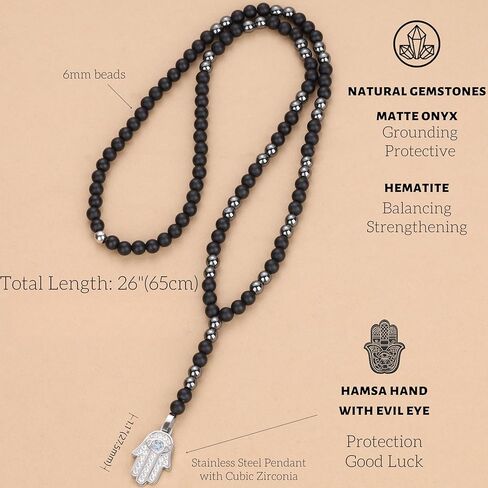 GAVU 6mm Men's Evil Eye Hamsa Hand Pendant, Matte Onyx Necklace for Men, Hematite Beaded Necklace for Men in Saudi Arabia