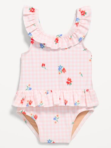 Old Navy Printed Ruffle-Trim One-Piece Swimsuit for Baby - Pink Mini Check in Saudi Arabia