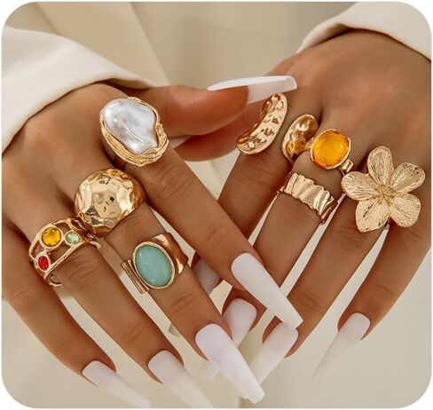 Twentylo Chunky Gold Stackable Statement Rings Set for Women Crystal Flower Pearl Open Finger Rings Trendy Party Prom Birthday Stacking Jewelry in Kuwait