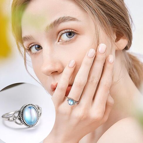 925 Sterling Silver Moonstone Ring for Women 18K White Gold Plated Rainbow Moon Stone Rings Size 5-11 in Saudi Arabia