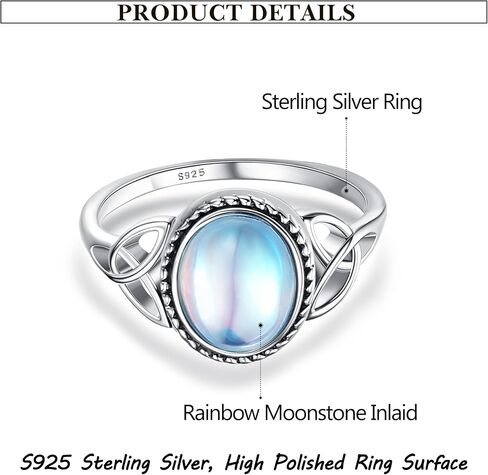 925 Sterling Silver Moonstone Ring for Women 18K White Gold Plated Rainbow Moon Stone Rings Size 5-11 in Saudi Arabia