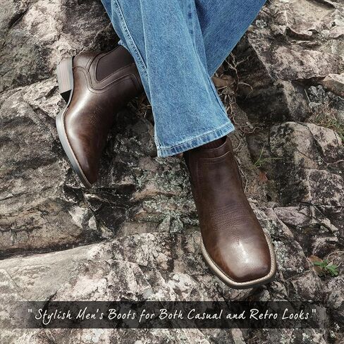 JASONSTAR Western Cowboy Boots for Men - Mens Square Toe Chelsea Boots Ankle Cowboy Boots for Men Casual Retro Stylish Boots in Saudi Arabia
